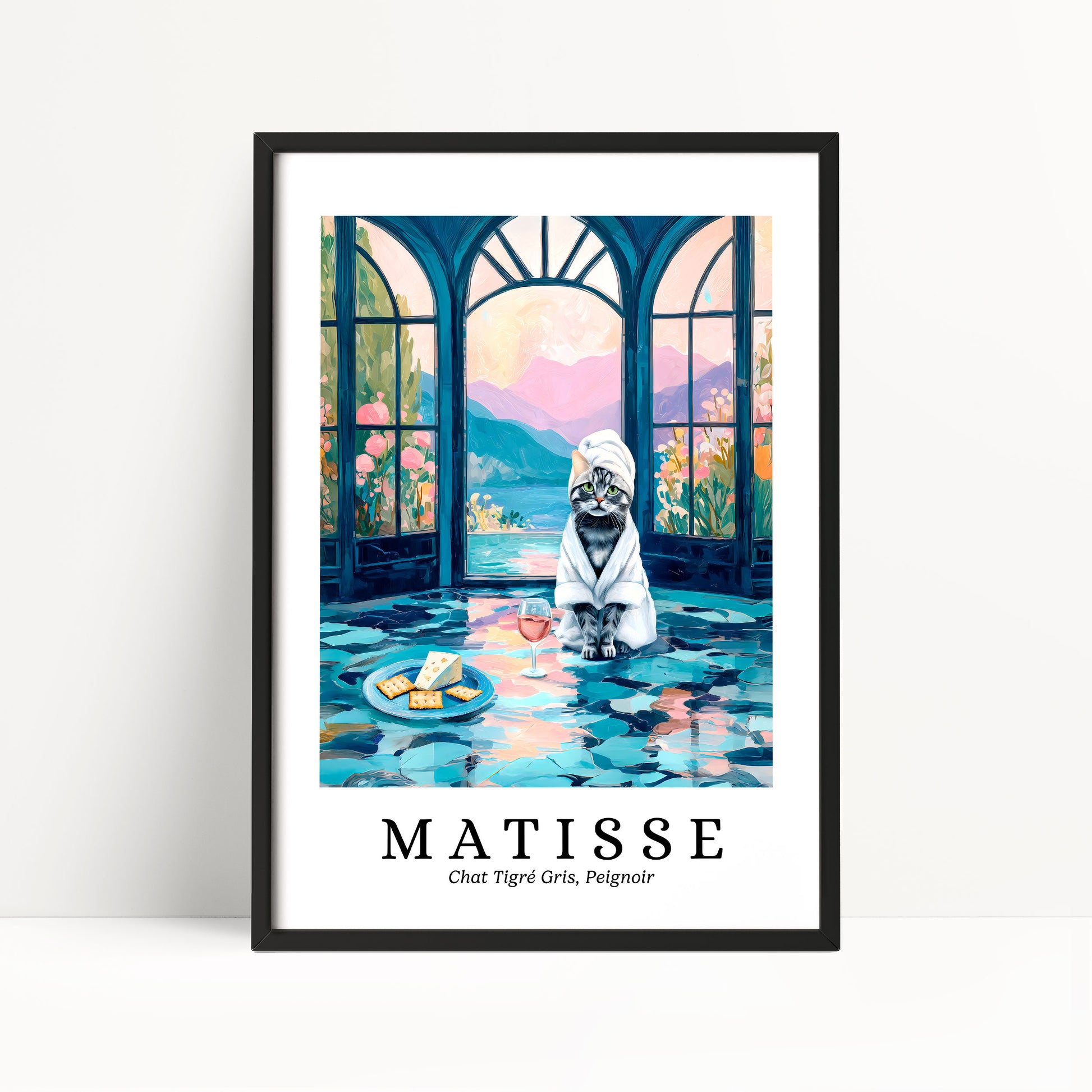 A framed painting depicting a cat sitting in a bathtub with a towel on its head, surrounded by a colorful, abstract background.