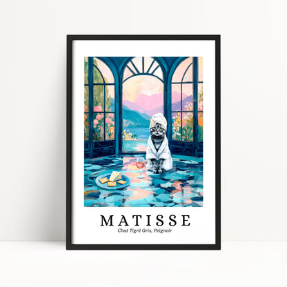 A framed painting depicting a cat sitting in a bathtub with a towel on its head, surrounded by a colorful, abstract background.