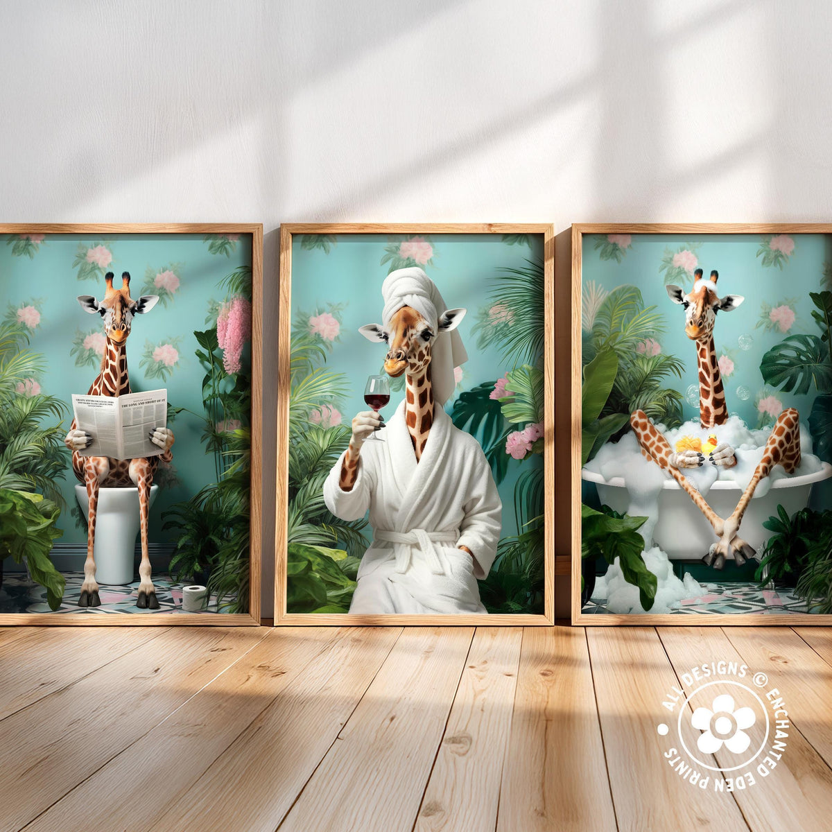 Funny Giraffe in Robe Poster – Tropical Bathroom Wall Art