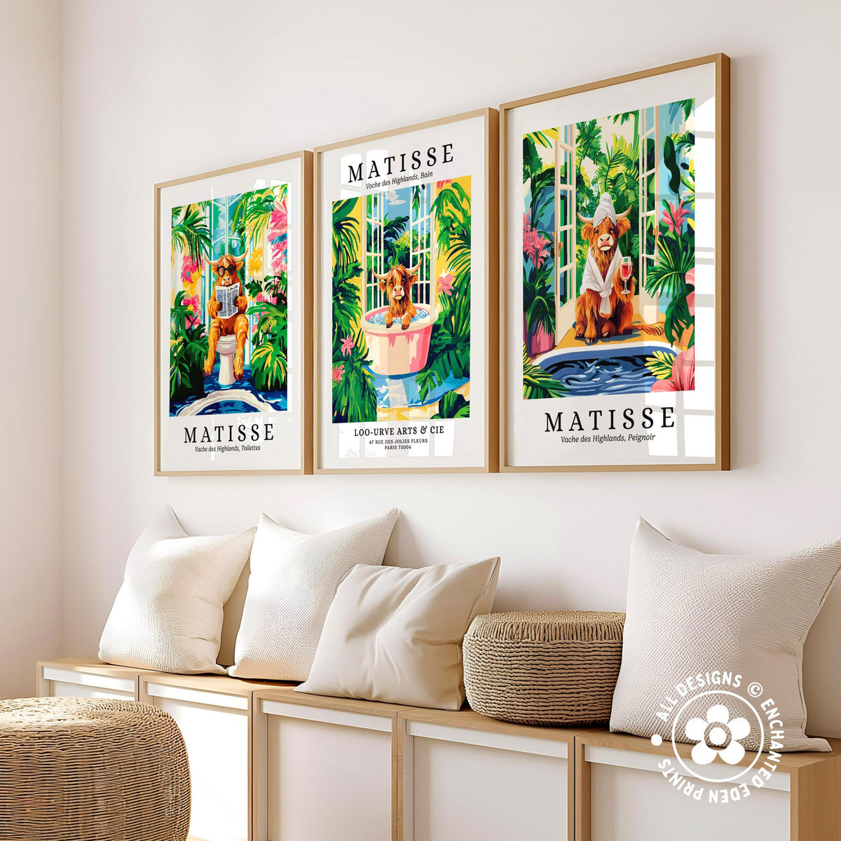 three framed prints of the famous artist Matisse, each depicting a different scene with a cat. The prints are arranged on a wall above a bench, creating a visually appealing display.