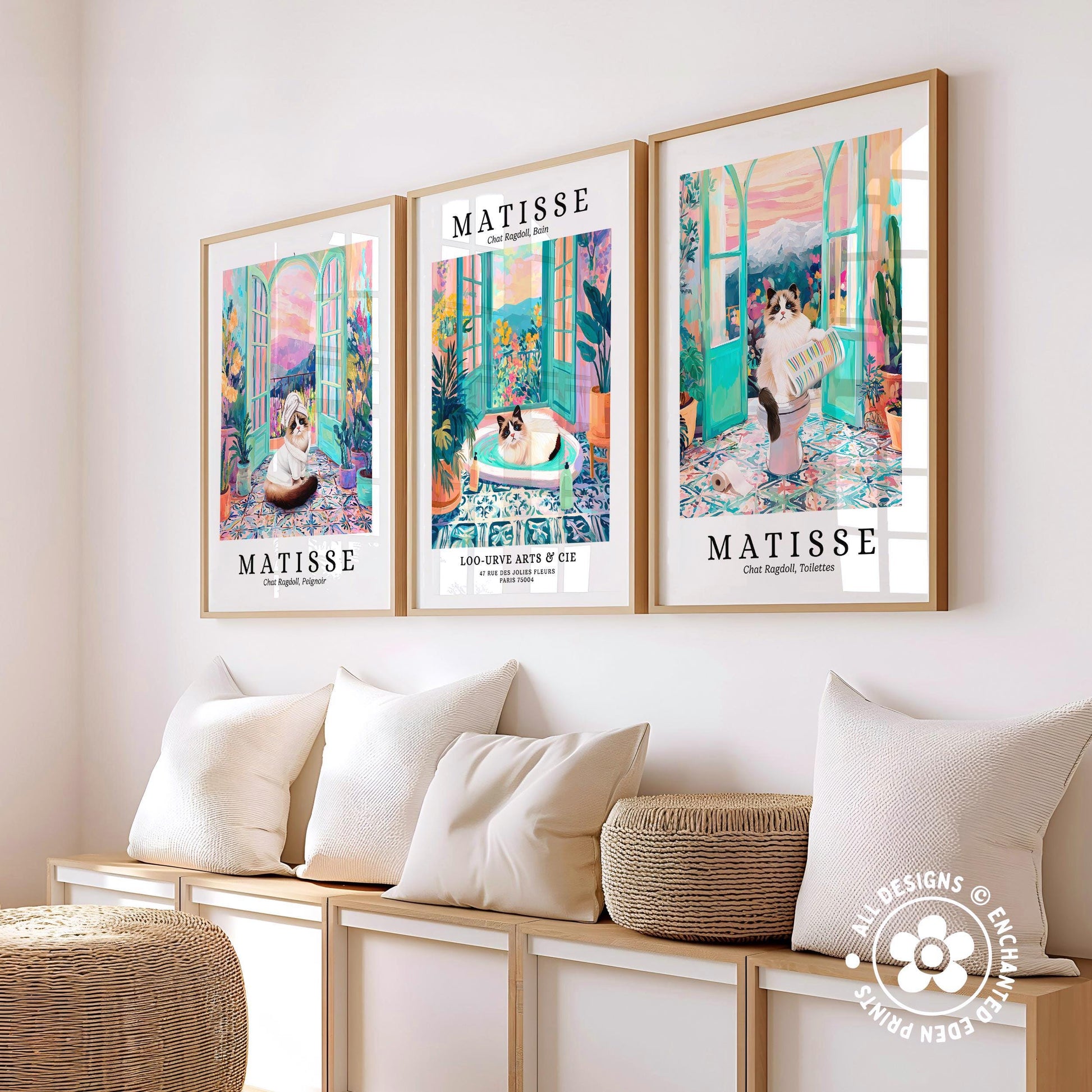 three framed prints of the famous painting "Matisse" by the artist Edouard Manet, displayed on a wall above a wooden bench with pillows.