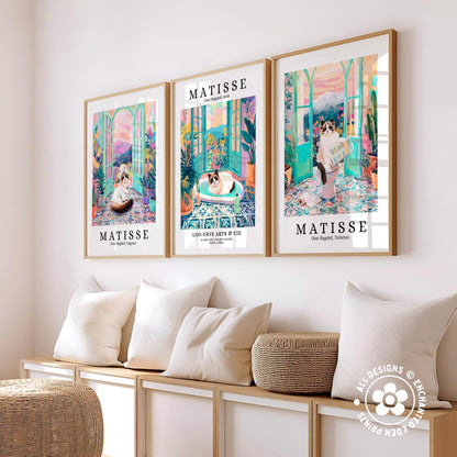 three framed prints of the famous painting "Matisse" by the artist Edouard Manet, displayed on a wall above a wooden bench with pillows.