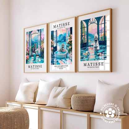 three framed artworks of the famous French artist Matisse, each depicting a different scene. The artworks are arranged on a wall, with a bench and a woven basket in the foreground.