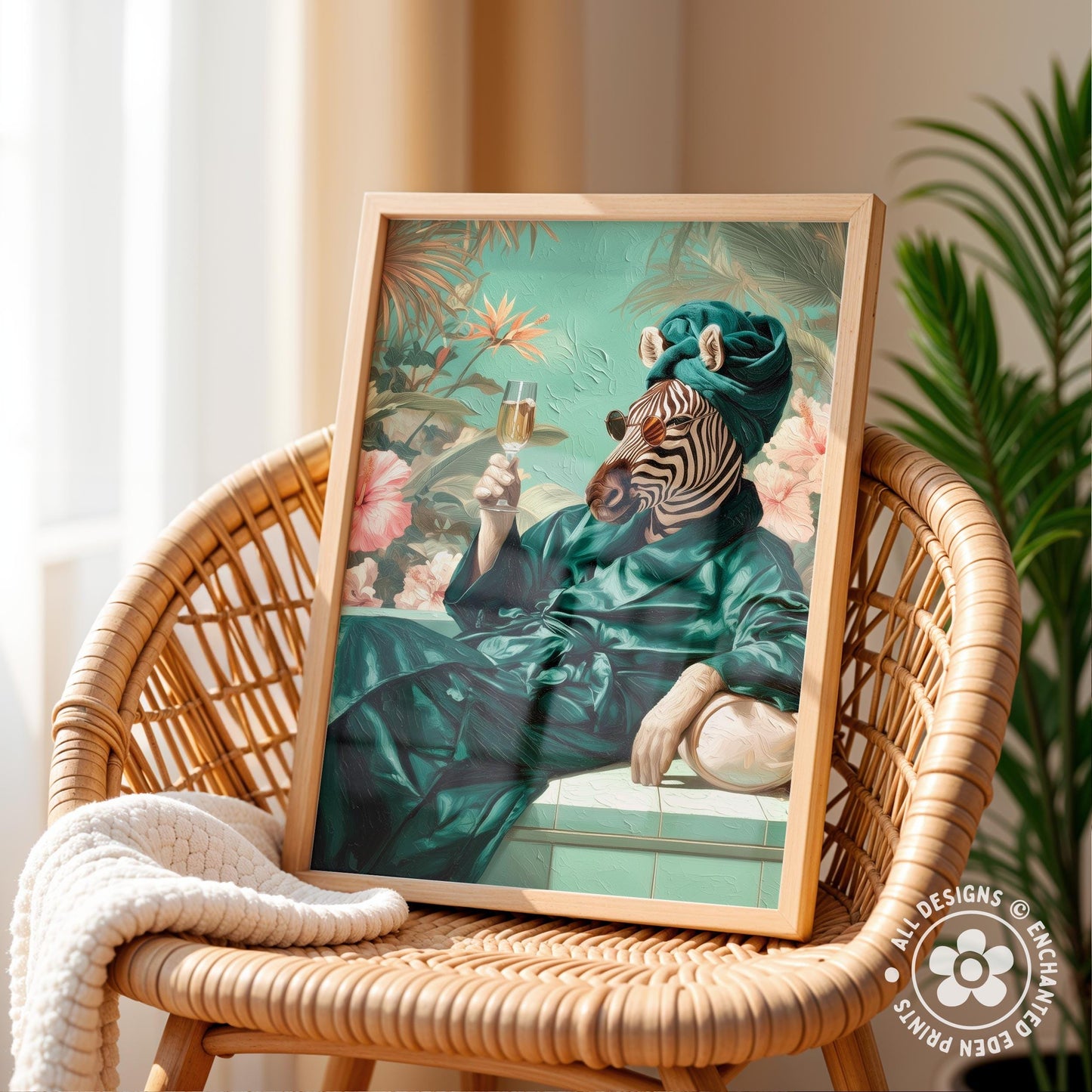 a framed painting of a zebra wearing a green robe and holding a glass of wine, set against a tropical background.