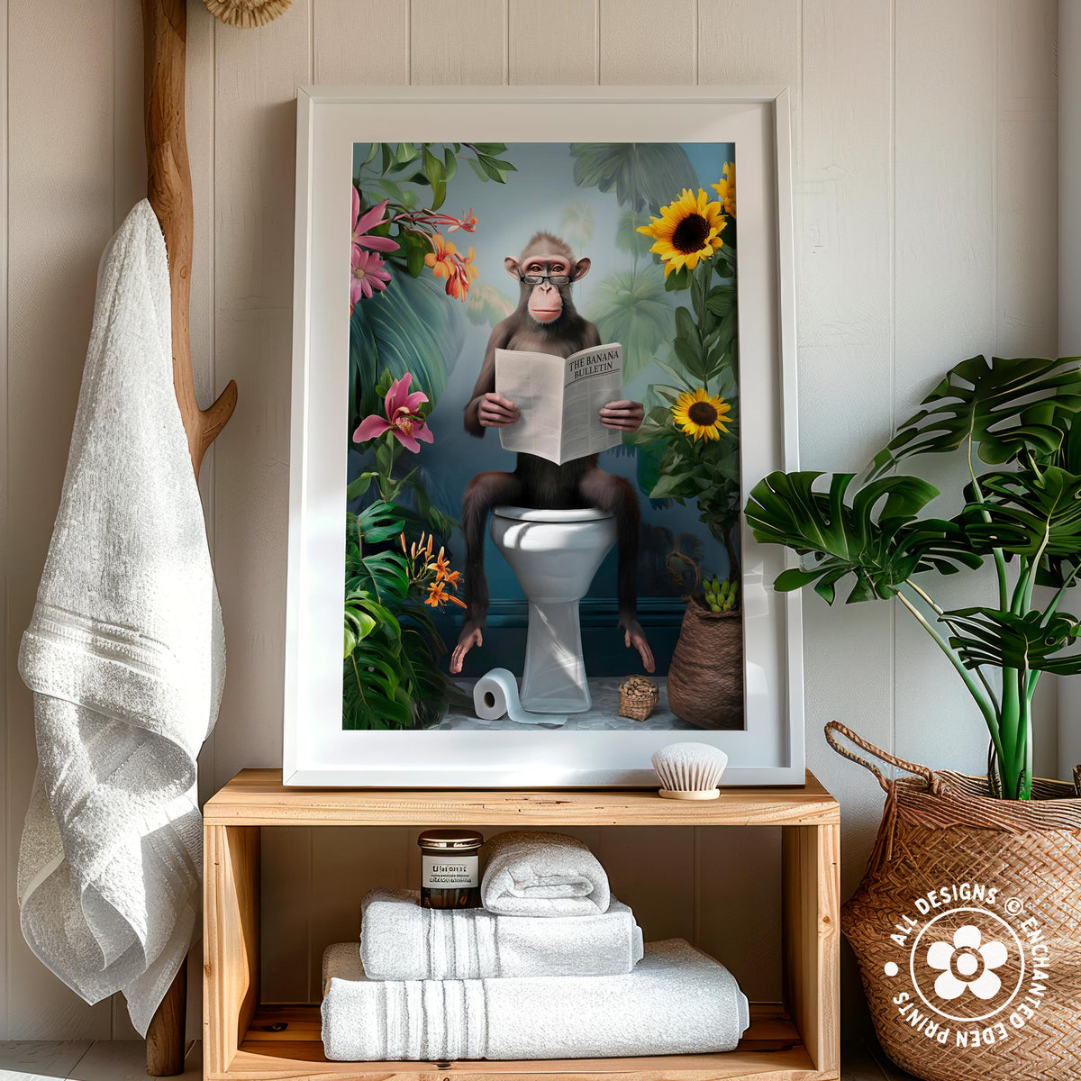a framed painting of a monkey sitting on a toilet and reading a newspaper, surrounded by tropical plants and flowers.