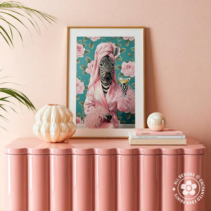 Funny Zebra in Robe Poster – Glam Bathroom & Bar Wall Art