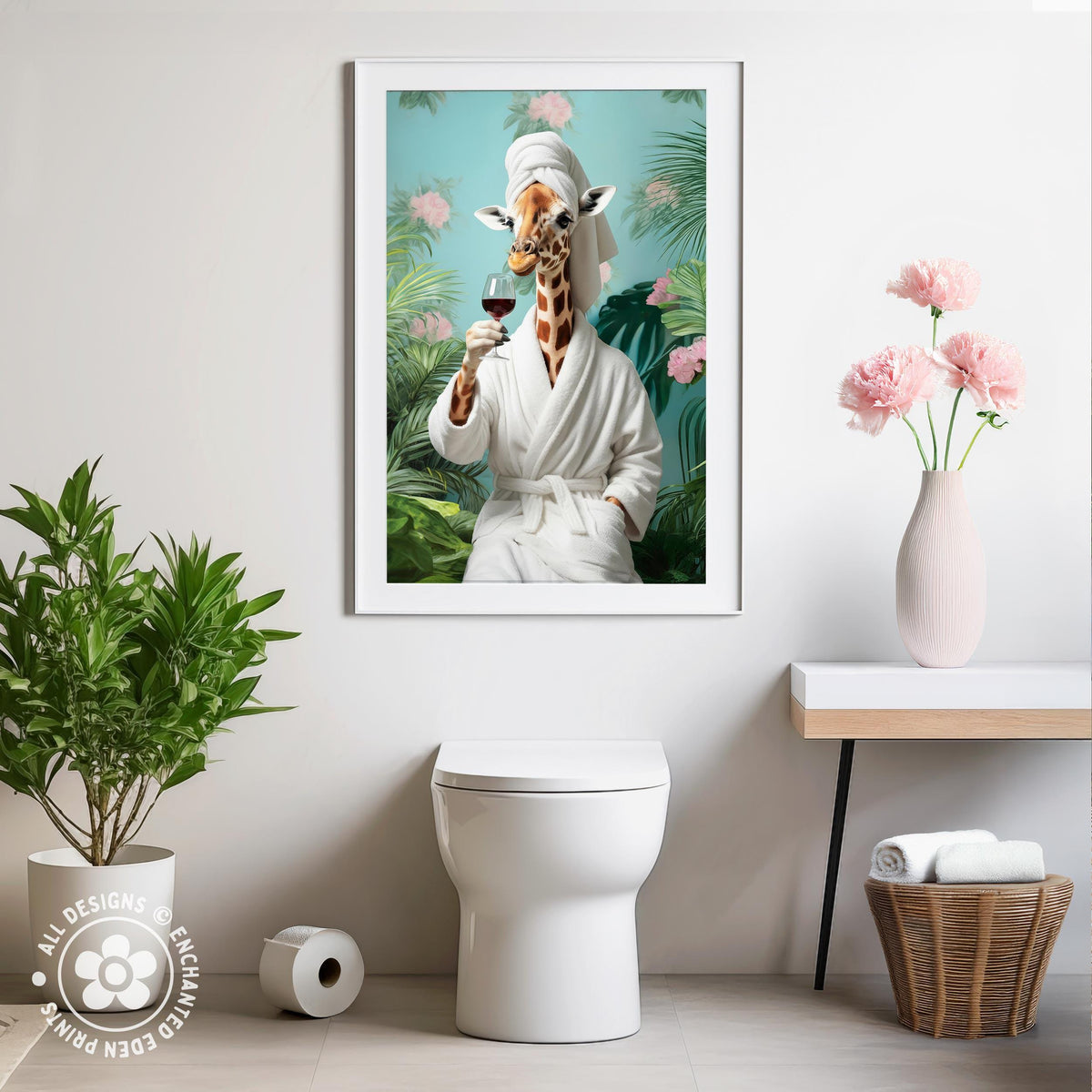 Funny Giraffe in Robe Poster – Tropical Bathroom Wall Art