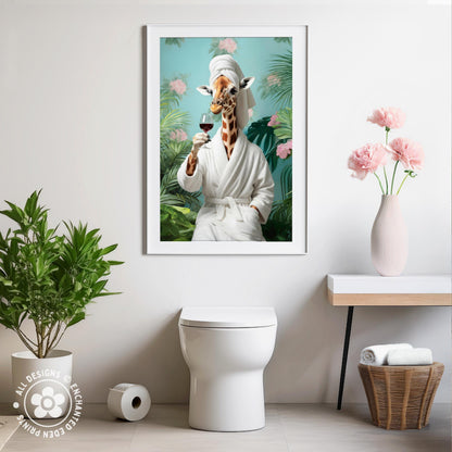 Funny Giraffe in Robe Poster – Tropical Bathroom Wall Art