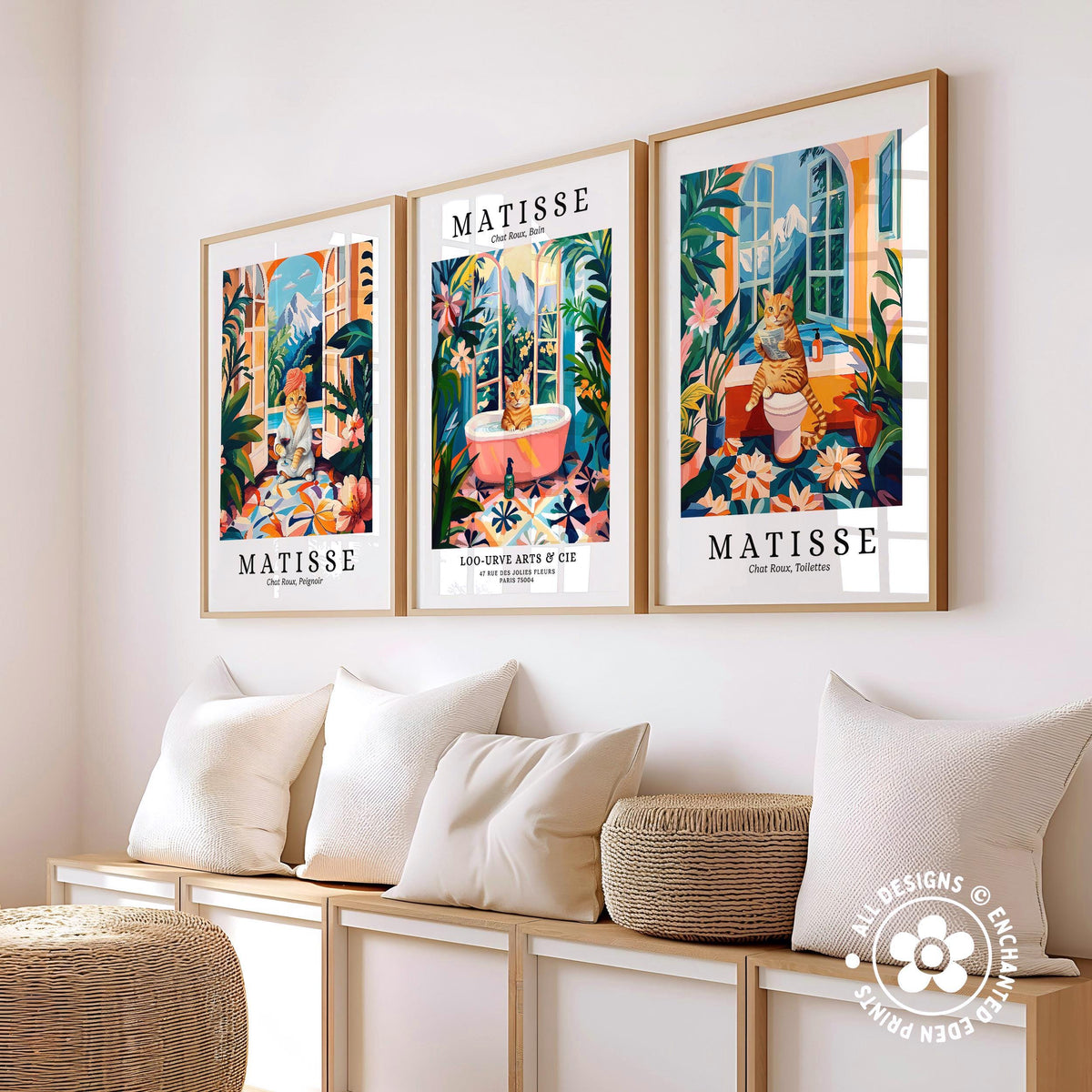 three framed prints of the famous artist Matisse, each depicting a different scene from his work. The prints are arranged on a wall, with a bench and a woven basket in the foreground.