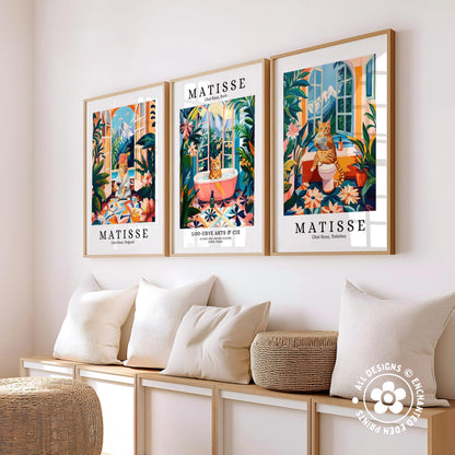 three framed prints of the famous artist Matisse, each depicting a different scene from his work. The prints are arranged on a wall, with a bench and a woven basket in the foreground.
