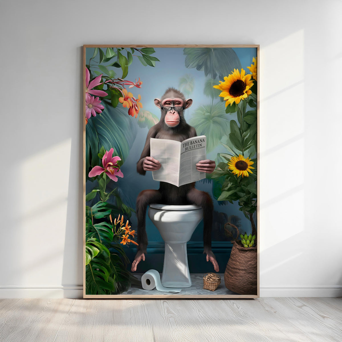 A monkey sitting on a toilet and reading a newspaper, surrounded by tropical plants and flowers.