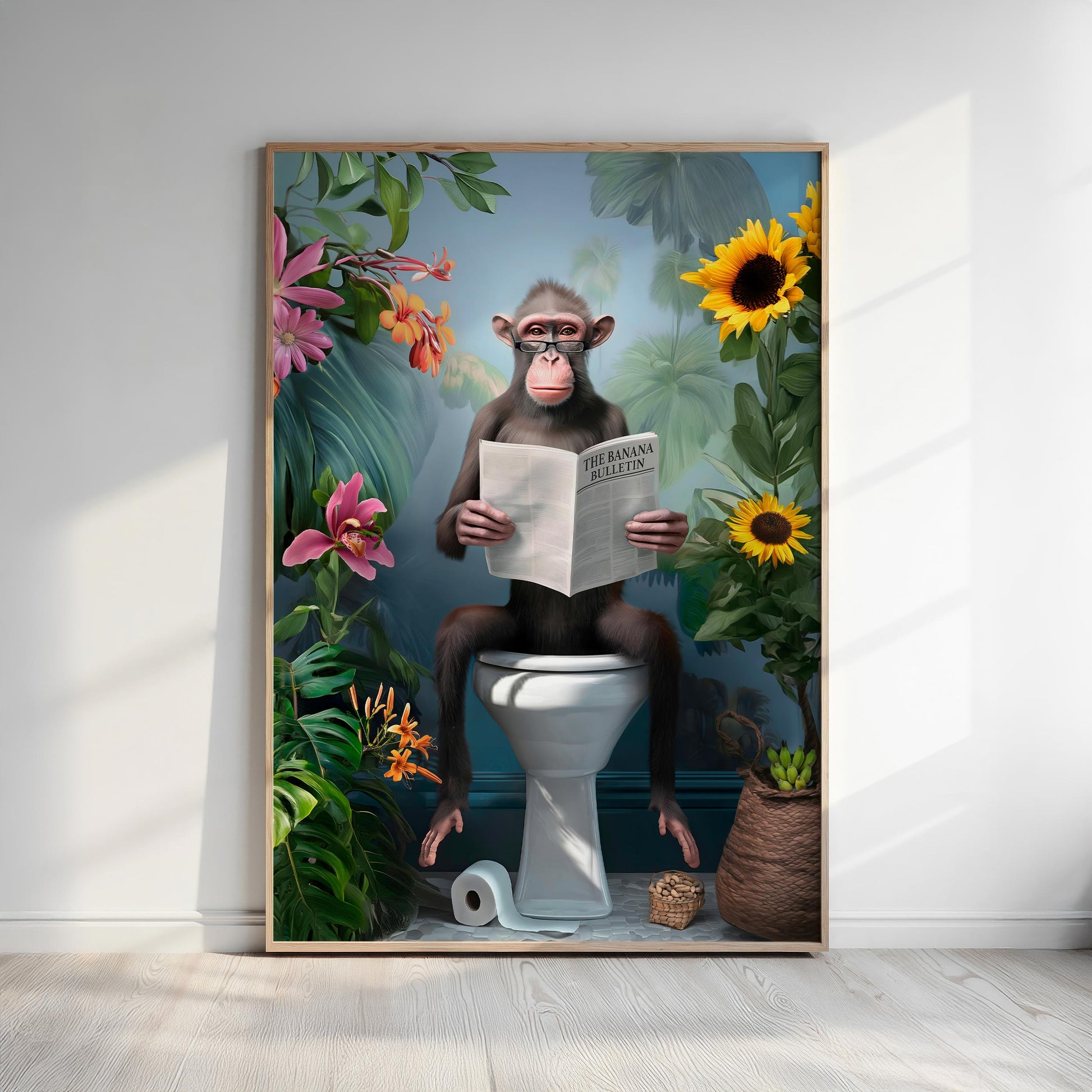 A monkey sitting on a toilet and reading a newspaper, surrounded by tropical plants and flowers.