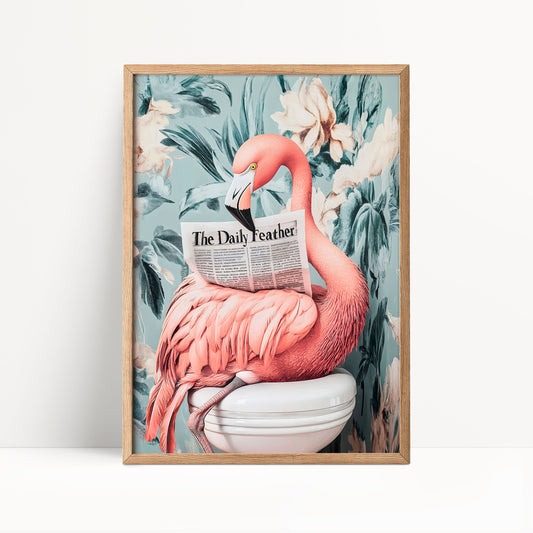 A pink flamingo is sitting on a white toilet seat and reading a newspaper, with a floral background.