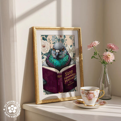 Funny Pigeon Reading Book Art – Quirky Bird Lover Wall Decor