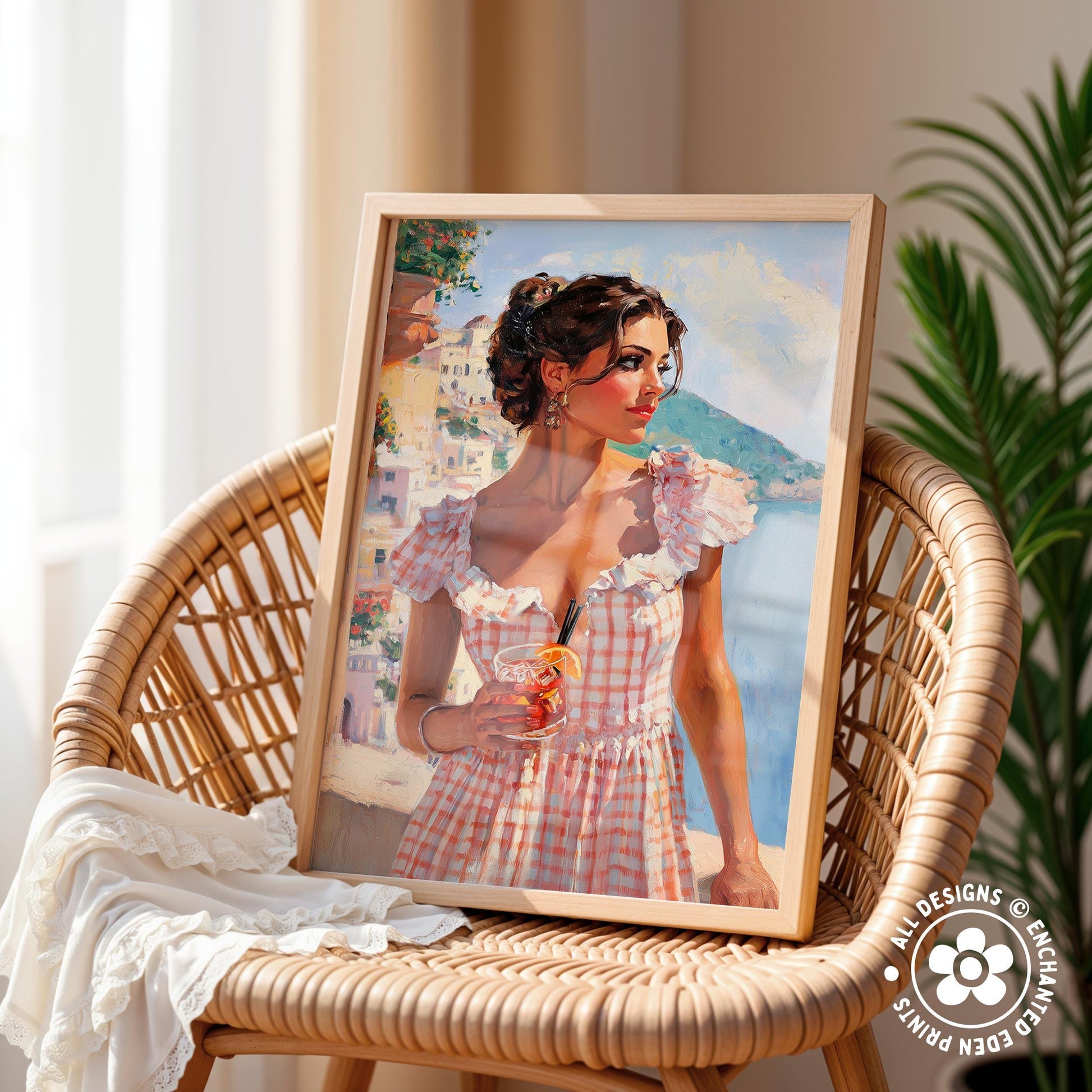 A framed painting of a woman in a pink and white checkered dress, holding a drink, is displayed on a wicker chair.