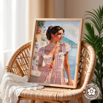 A framed painting of a woman in a pink and white checkered dress, holding a drink, is displayed on a wicker chair.