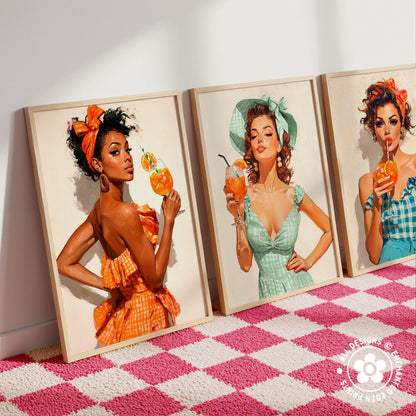 three framed pictures of women in vintage-style dresses, each holding a drink, likely cocktails, and posing for the camera.