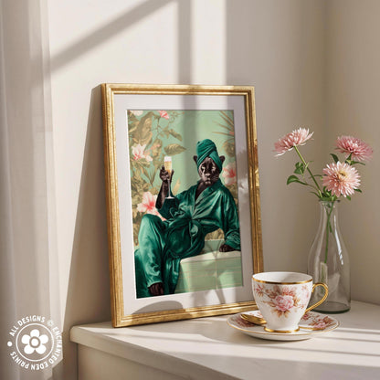 a framed painting of a person in a green robe, holding a drink, with a vase of pink flowers and a teacup on a white shelf.