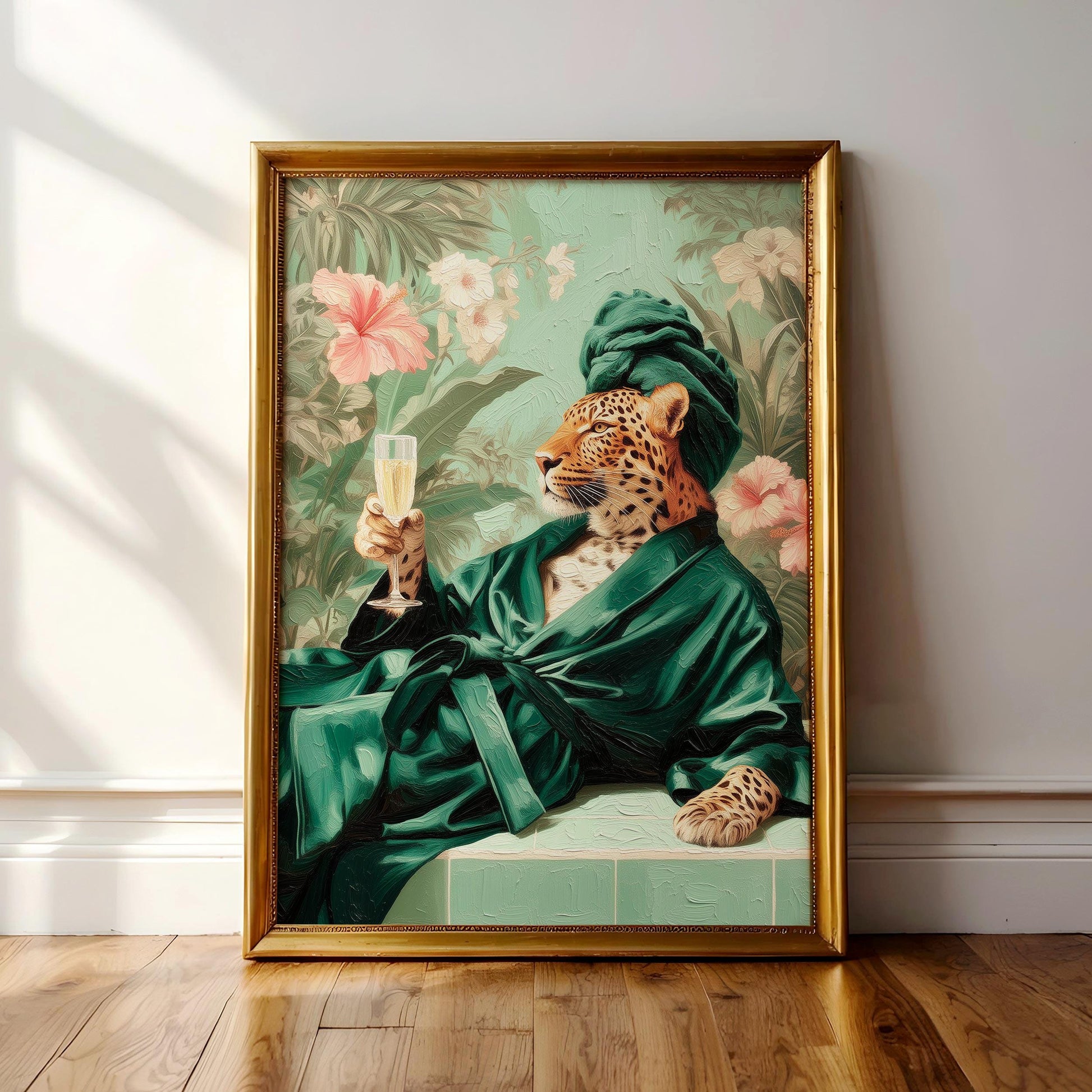 A framed painting depicting a leopard wearing a green robe and holding a glass of champagne, surrounded by tropical foliage.