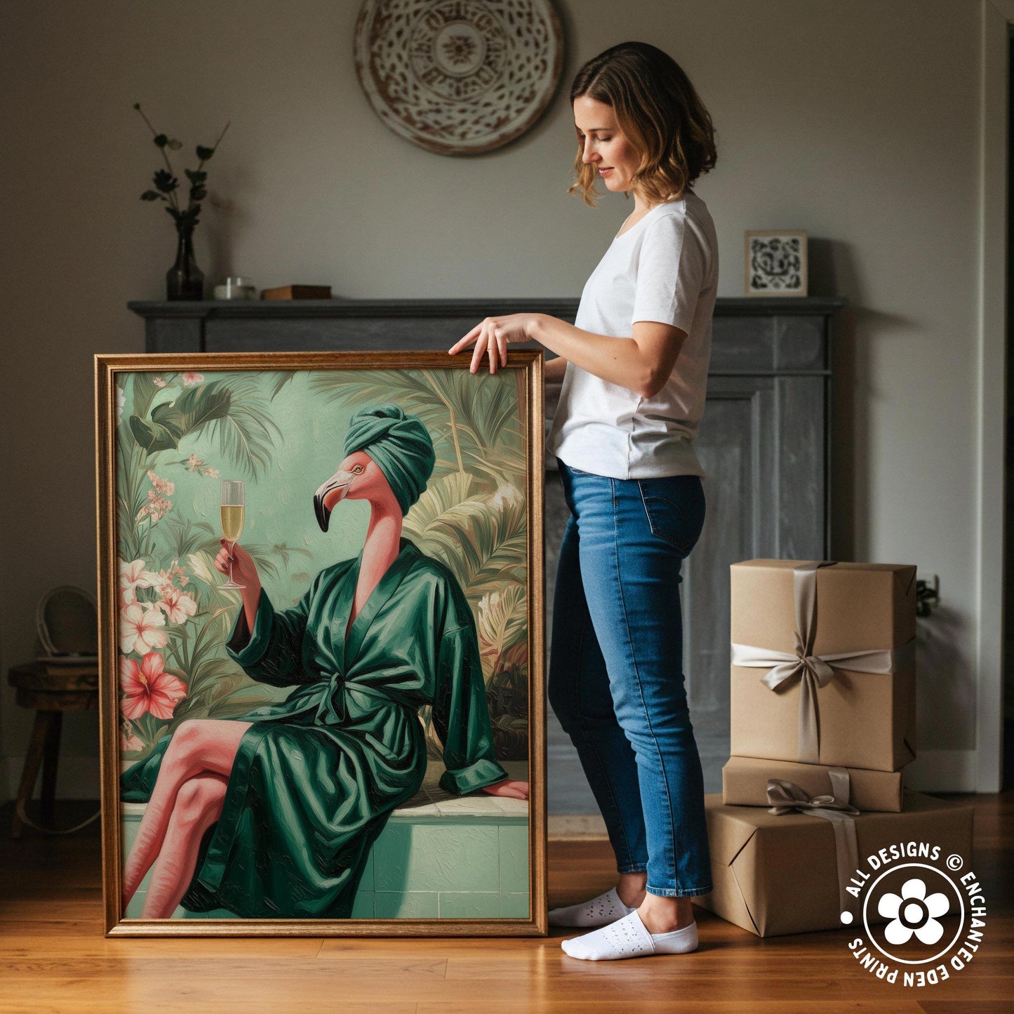A woman stands next to a large painting of a woman in a green robe holding a drink, with a wooden cabinet and other items in the background.