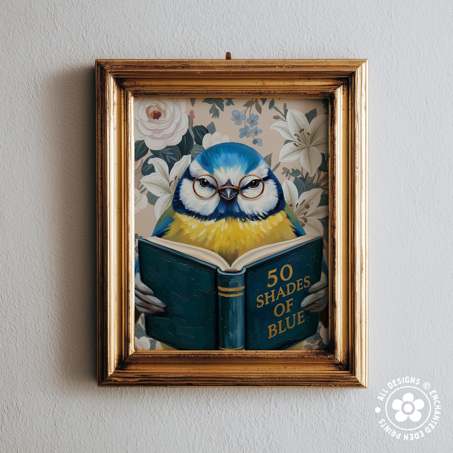 Funny Blue Tit Reading Book Art – Quirky Bird Lover Wall Decor