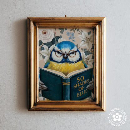 Funny Blue Tit Reading Book Art – Quirky Bird Lover Wall Decor