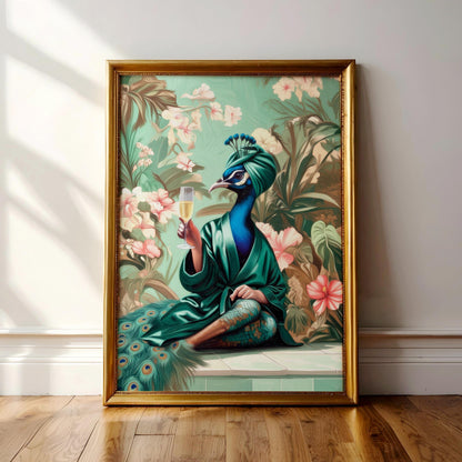 A framed painting depicting a peacock wearing a green robe and holding a glass of wine, surrounded by a lush floral background.