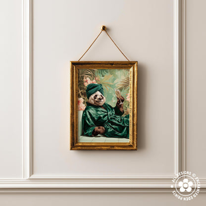 A framed painting of a panda wearing a green robe and holding a book, set against a tropical background.