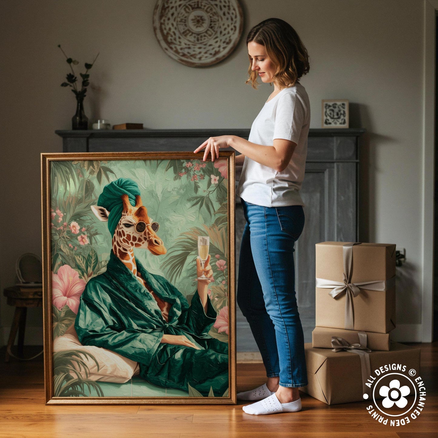 A woman stands next to a large painting of a giraffe wearing a green robe and holding a champagne glass, with a wooden cabinet and other items in the background.