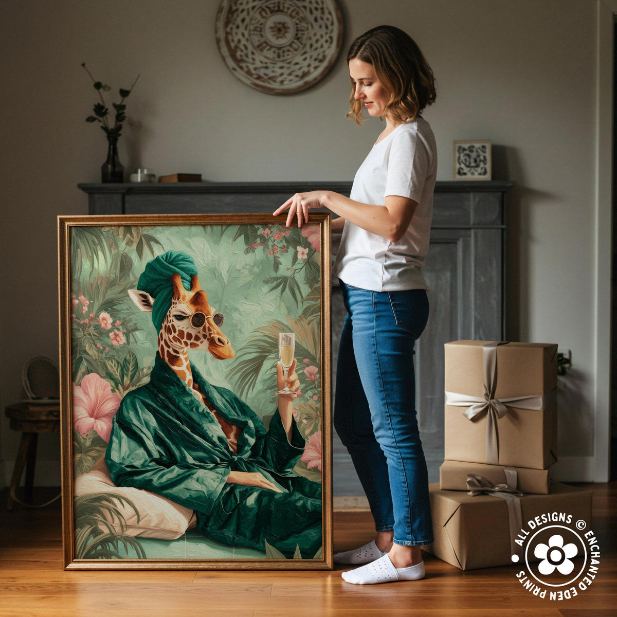 A woman stands next to a large painting of a giraffe wearing a green robe and holding a champagne glass, with a wooden cabinet and other items in the background.