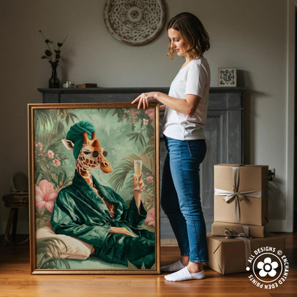 A woman stands next to a large painting of a giraffe wearing a green robe and holding a champagne glass, with a wooden cabinet and other items in the background.