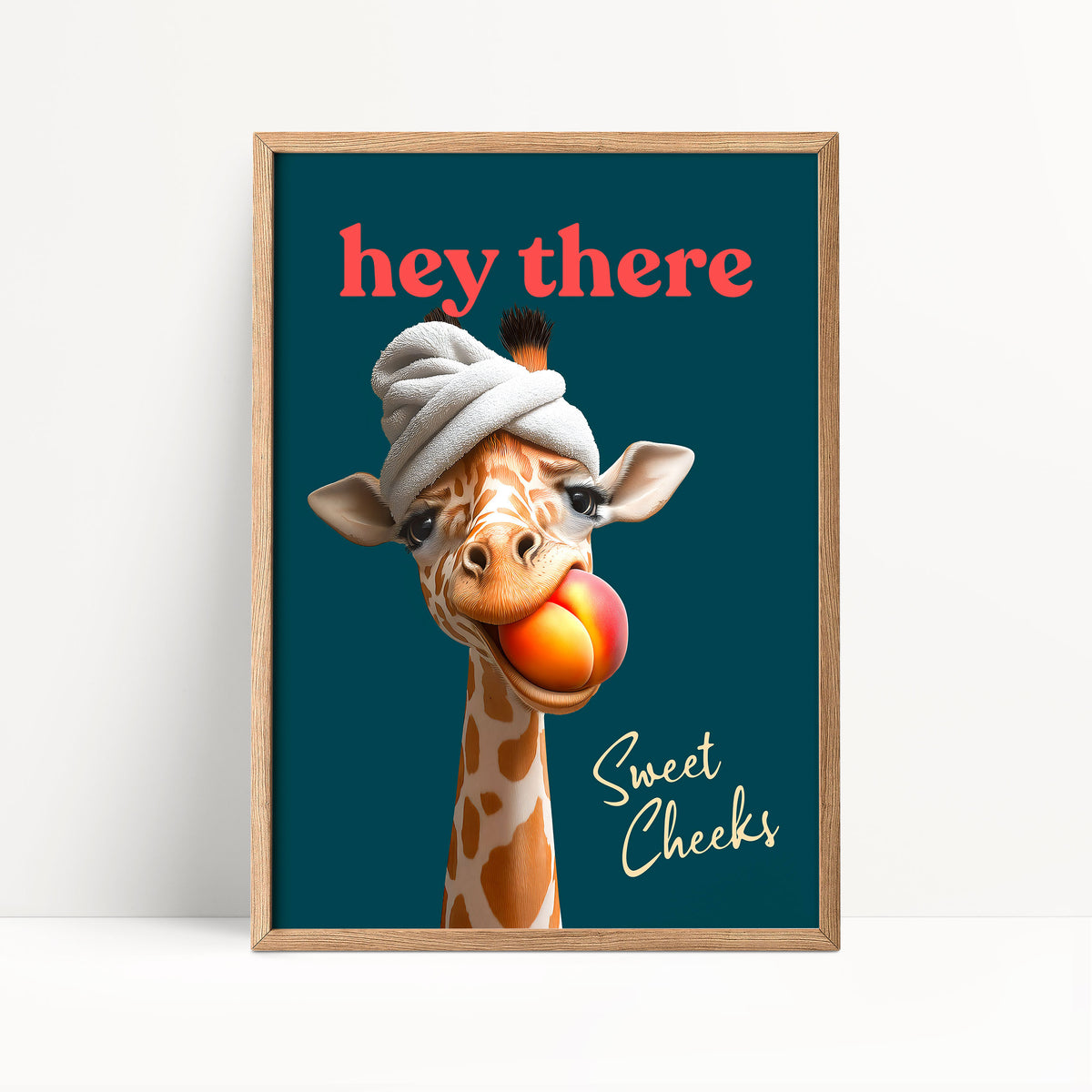 A giraffe wearing a towel and holding a peach, with the text "hey there Sweet Cheeks" displayed above it.