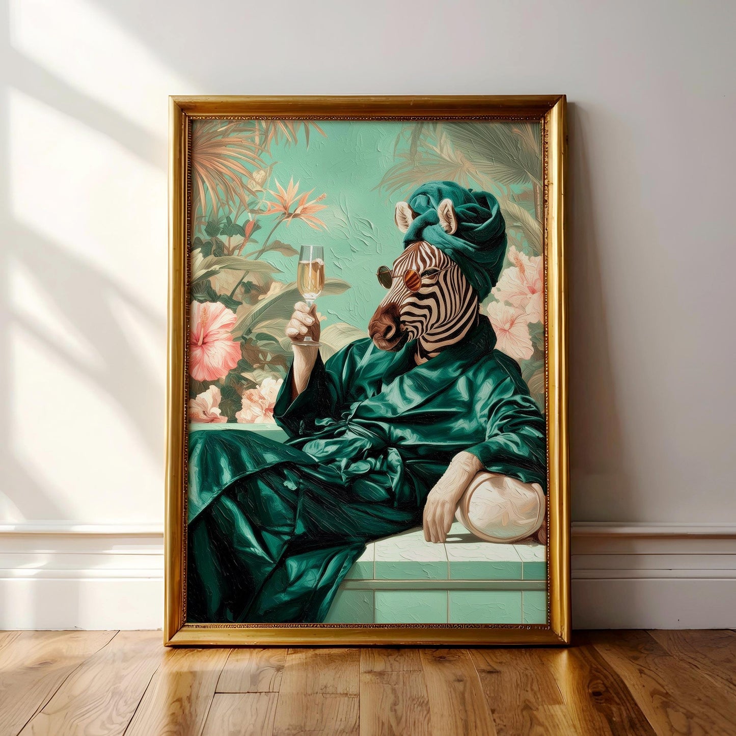 A framed painting depicting a zebra wearing a green robe and holding a glass of wine, surrounded by tropical foliage.