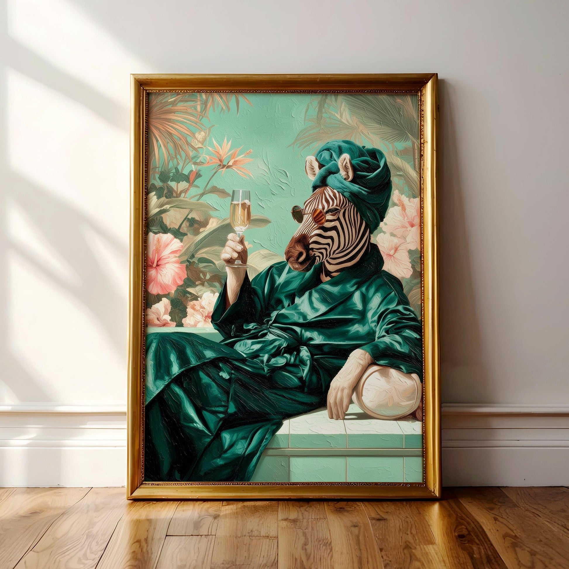 A framed painting depicting a zebra wearing a green robe and holding a glass of wine, surrounded by tropical foliage.