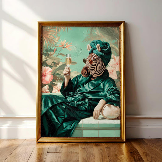 A framed painting depicting a zebra wearing a green robe and holding a glass of wine, surrounded by tropical foliage.