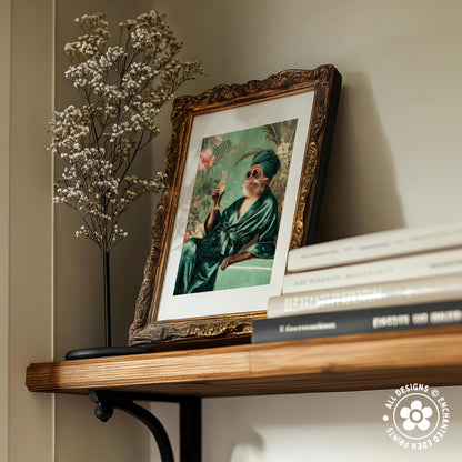 a wooden shelf with a framed picture of a person wearing a green robe and a turban, a vase of white flowers, and a stack of books.