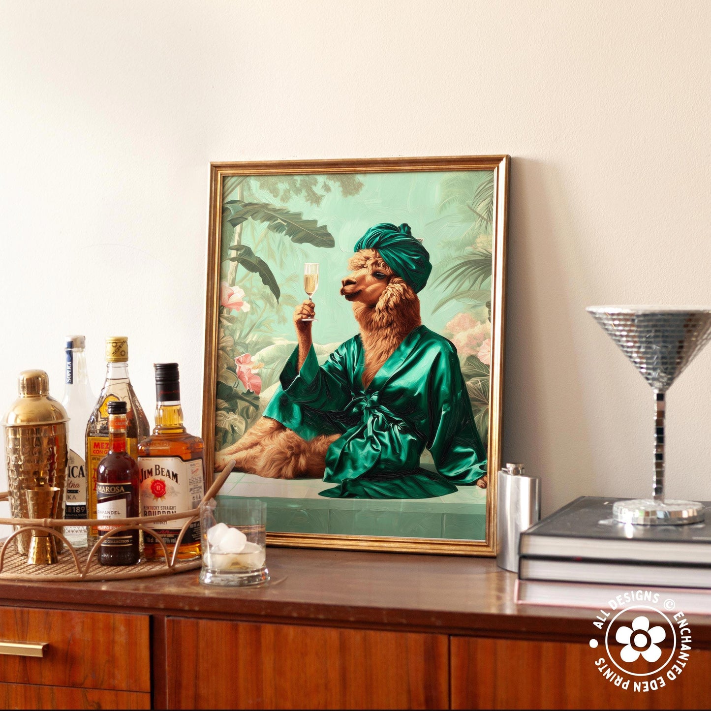 a framed painting of a dog wearing a green robe and holding a champagne glass, sitting on a wooden surface surrounded by various bottles of alcohol.