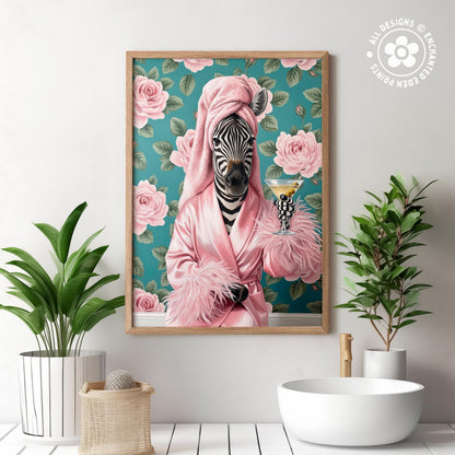Funny Zebra in Robe Poster – Glam Bathroom & Bar Wall Art