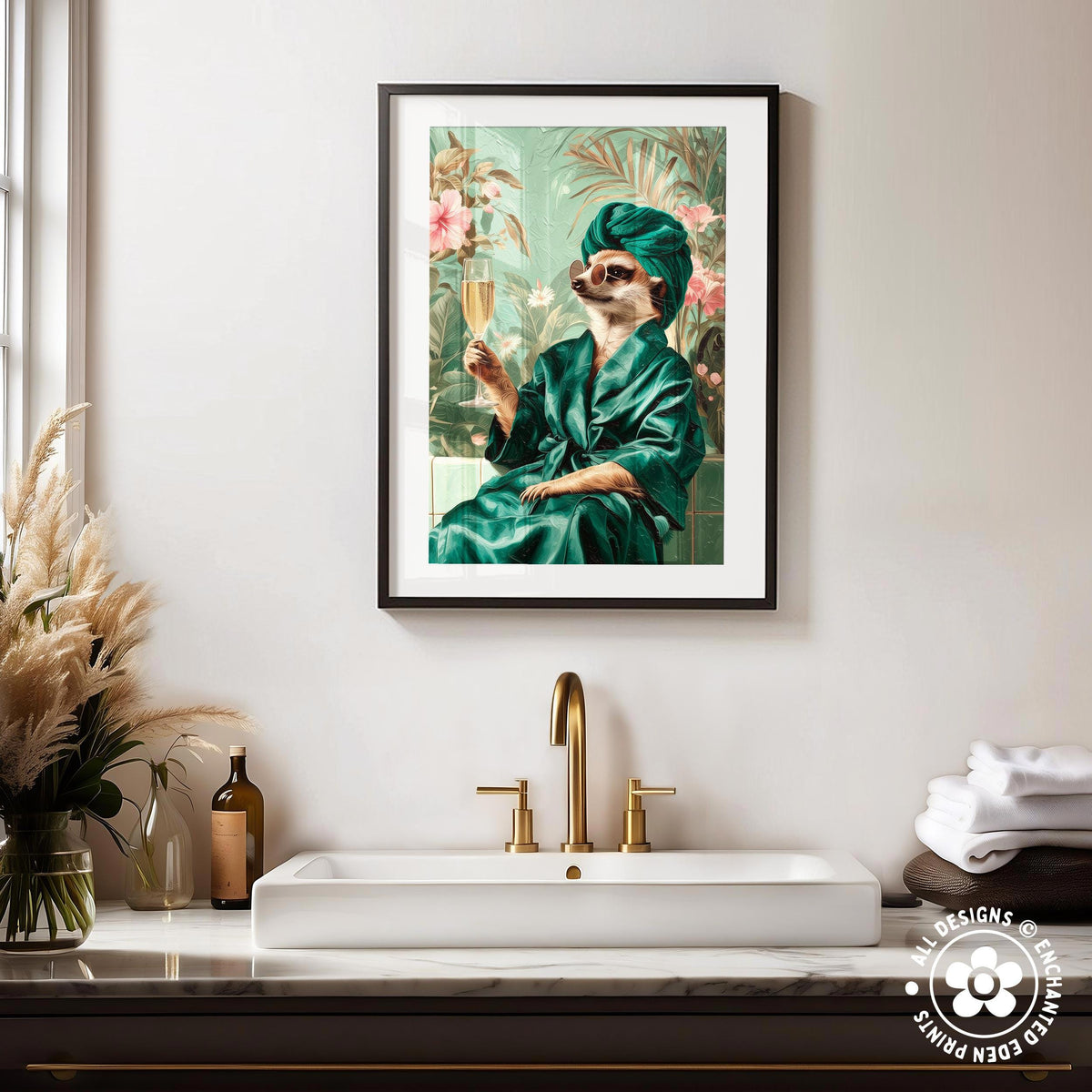 a framed painting of a meerkat dressed in a green robe and holding a glass of champagne, set against a tropical background.