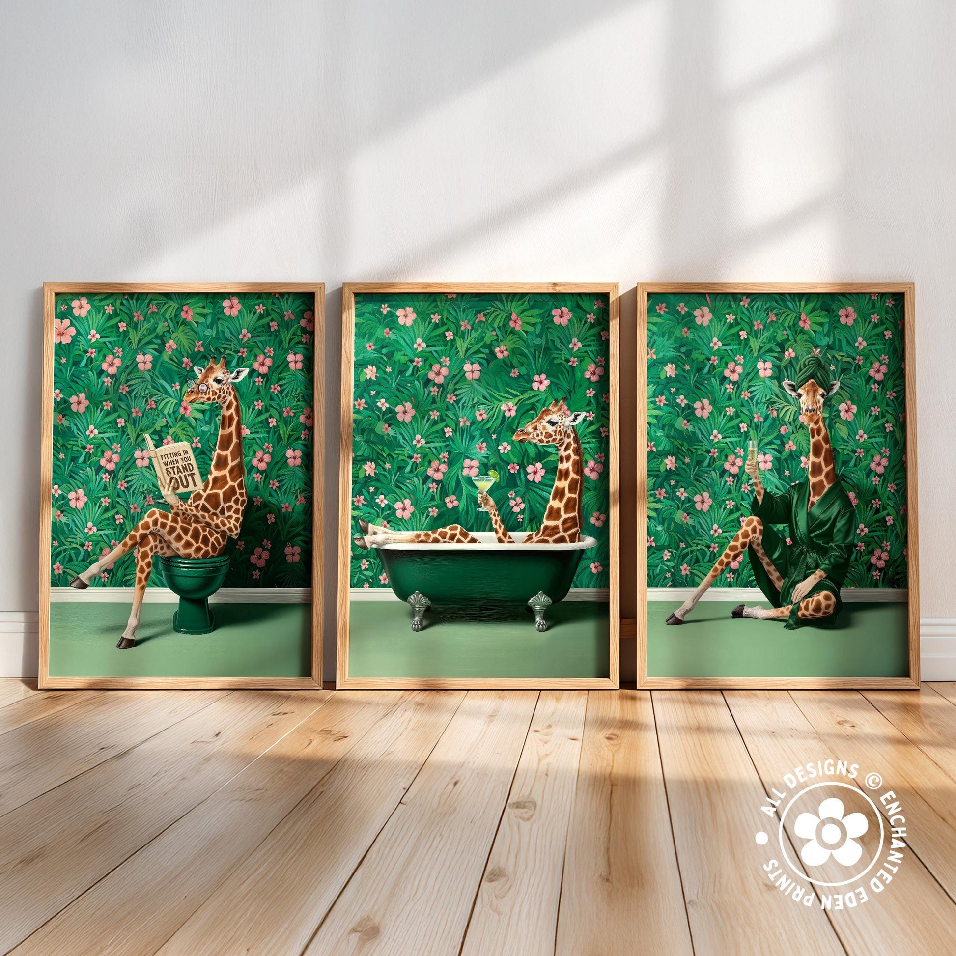 The image is a triptych of three framed artworks depicting giraffes in various whimsical and humorous situations.