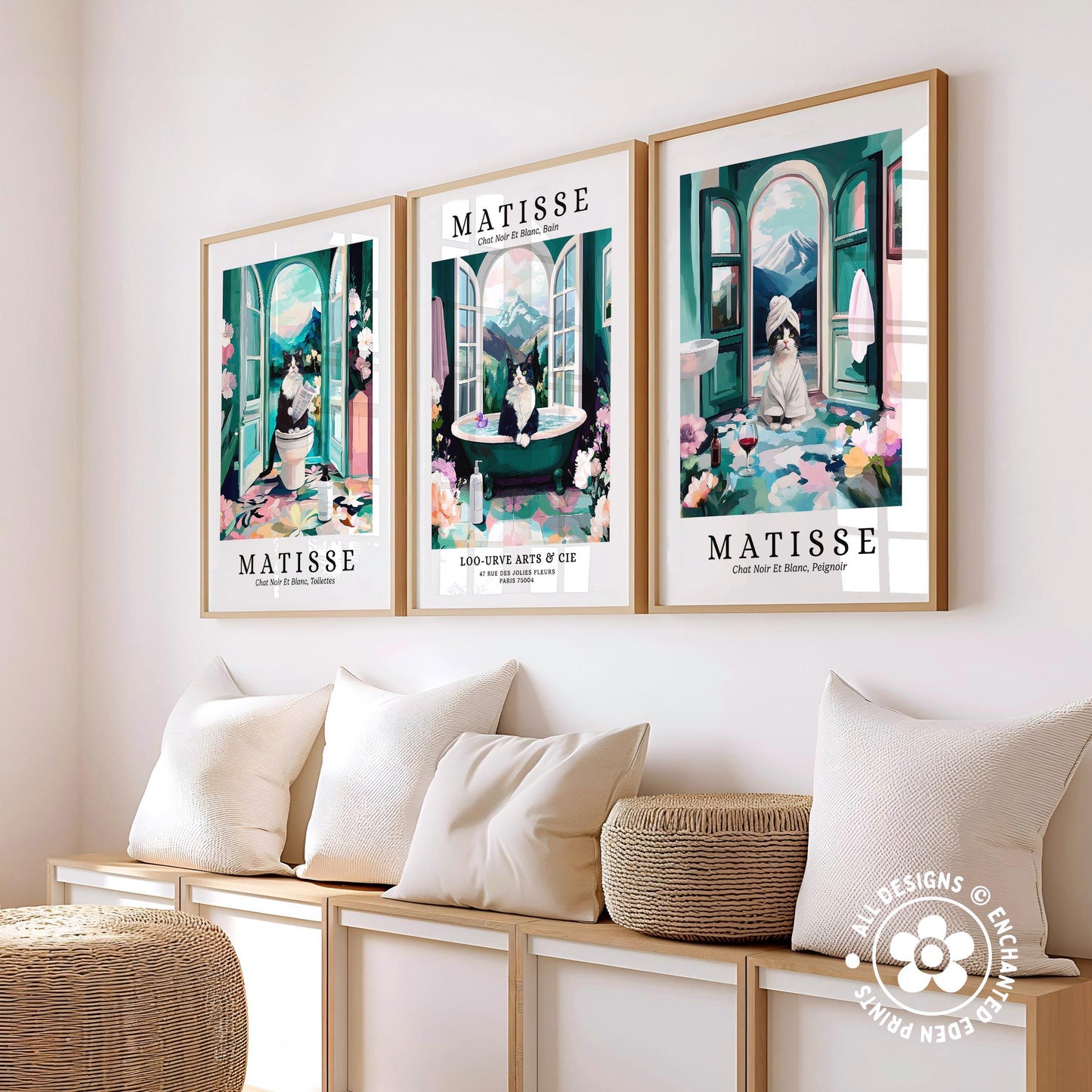 three framed artworks of the famous French artist Matisse, displayed on a wall above a wooden bench with pillows.