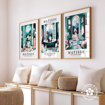 three framed artworks of the famous French artist Matisse, displayed on a wall above a wooden bench with pillows.