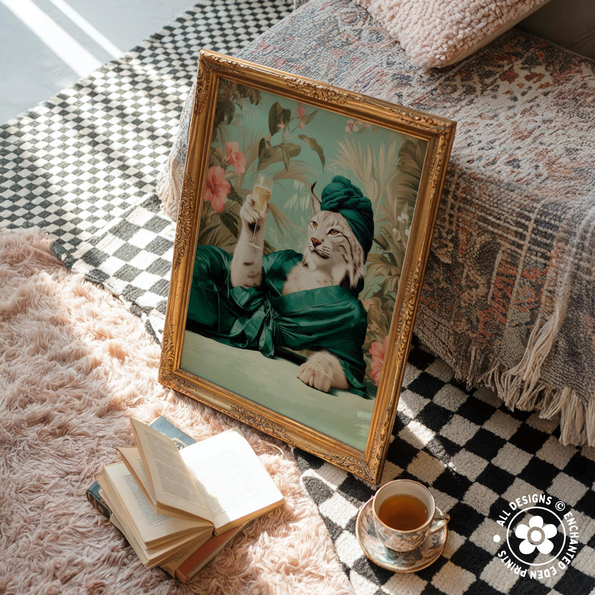 a framed painting of a cat wearing a green outfit and holding a teacup, sitting on a rug next to a stack of books and a cup of tea.