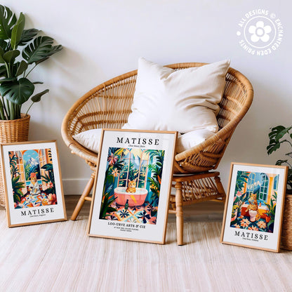 three framed prints of the famous painting "Matisse" by the artist Henri Matisse, displayed on a wooden floor in front of a wicker chair.