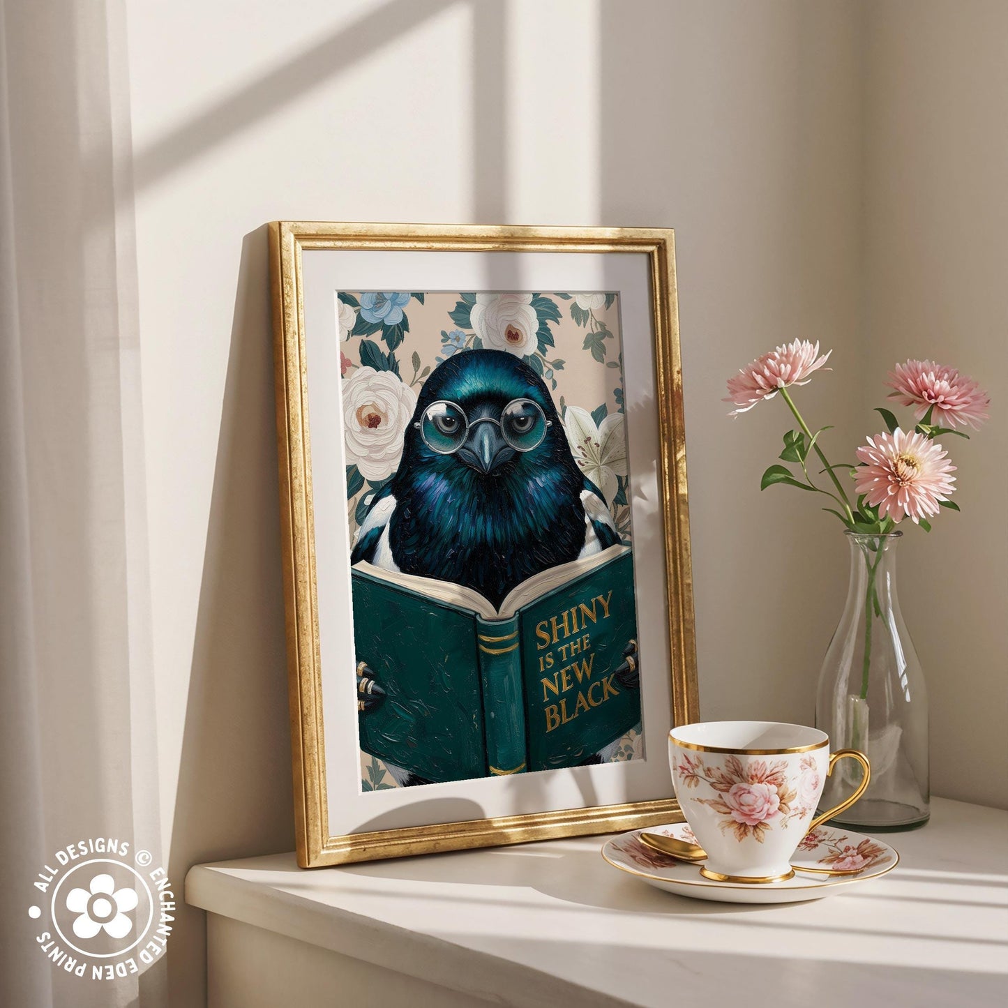 Funny Magpie Reading Book Art – Quirky Bird Lover Wall Decor