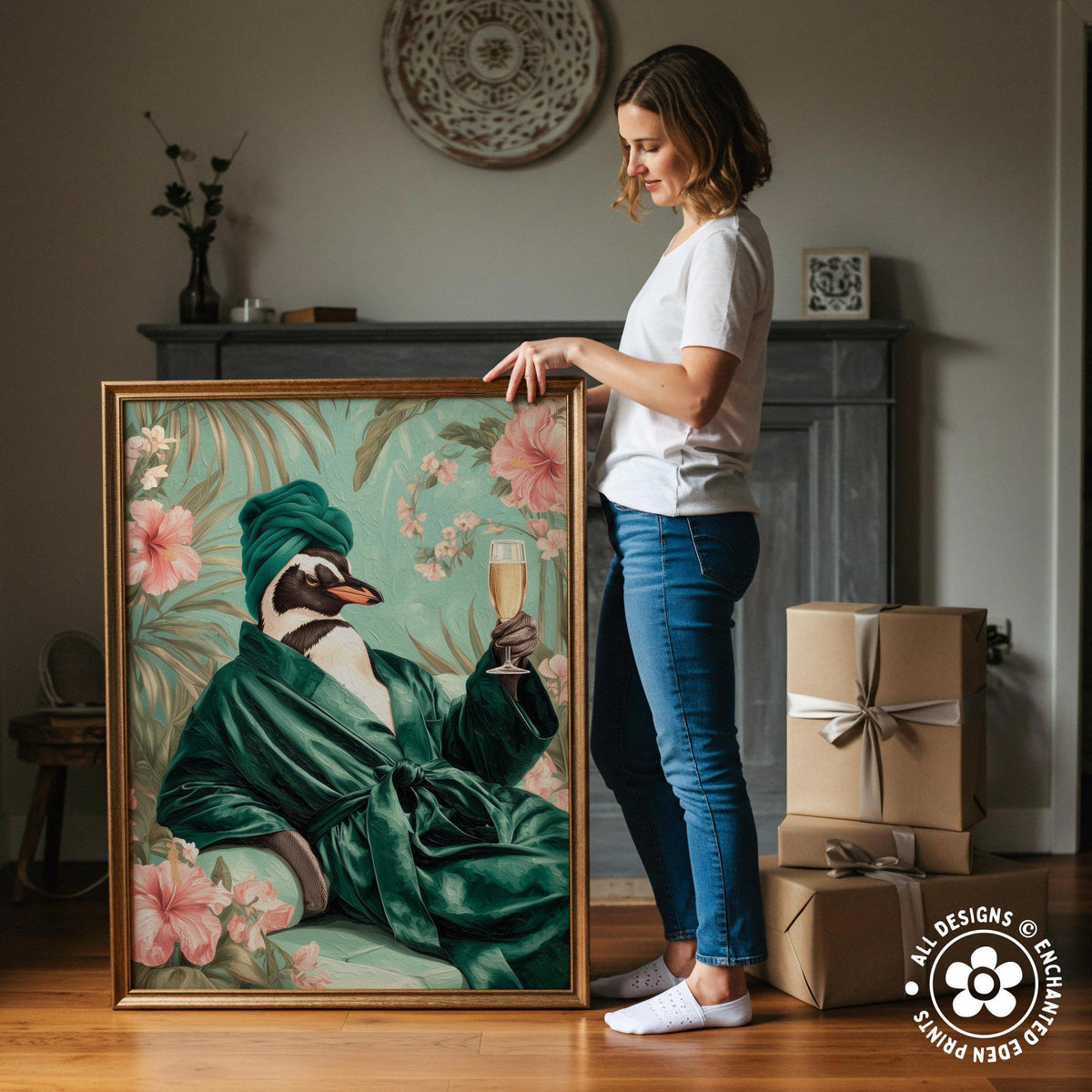 A woman stands next to a large framed painting depicting a penguin in a green robe holding a glass of wine.