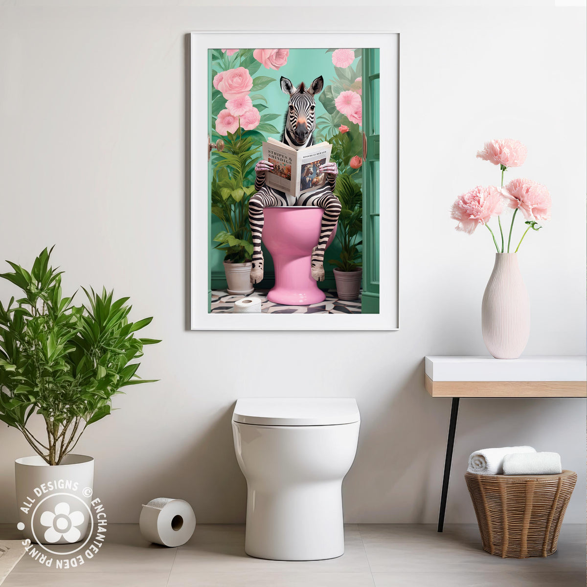a bathroom with a zebra sitting on a pink toilet, surrounded by pink flowers and a white vase with pink flowers.