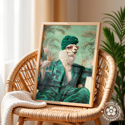 A framed painting of a white llama wearing a green robe and turban, holding a glass of wine, is displayed on a wicker chair.
