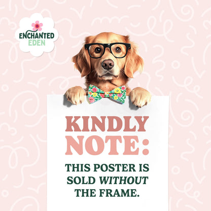 A golden retriever wearing glasses and a bow tie is peeking out from behind a white sign with pink text.