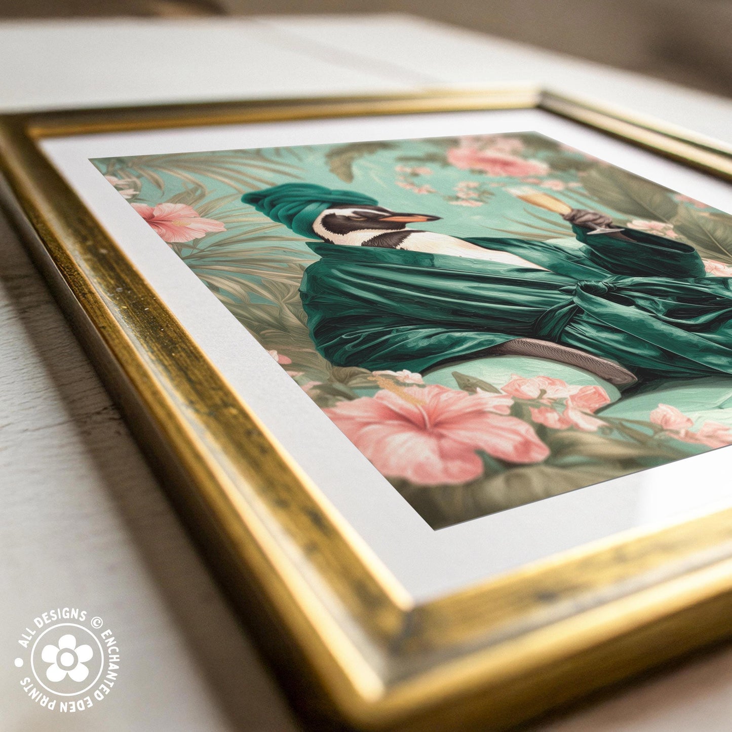 a framed print of a bird wearing a green robe and holding a pink flower, set against a background of pink and green flowers.